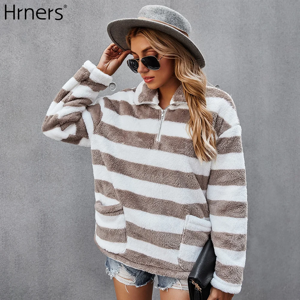 

Hrners Fluffy Camouflage Zipper Women's Sweatshirt Turn-Down Collar Female Pullovers 2021 Autumn Winter New Casual Ladies Hoodie