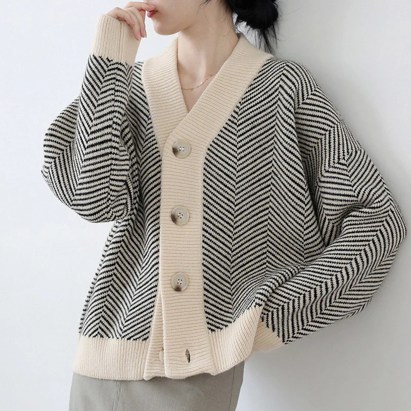 

2022 Fall Striped Knitted Cardigans Sweater Women Vintage Korean Chic Long Sleeve Coat Fashion Streetwear Loose Female Tops