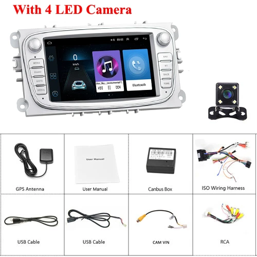 With 4 LED (Silver) Podofo 2din Android 8.1 Car Multimedia player 7'' Autoradio Car Radio GPS Mirrorlink For Ford Focus Mondeo C-MAX S-MAX Galaxy II - Цвет: With 4 LED (Silver)