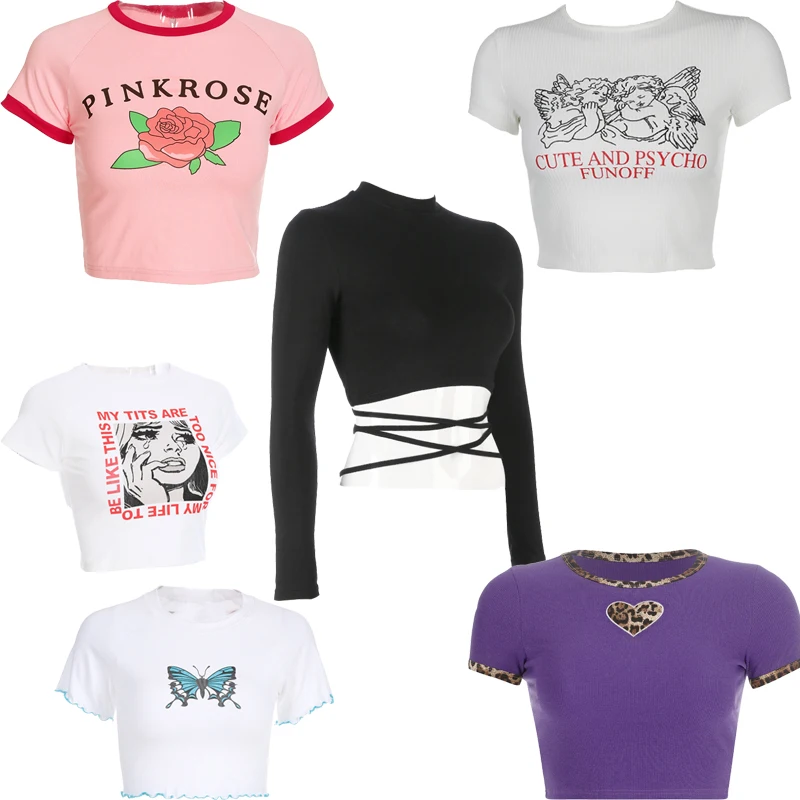 

Y2K Women's Casual Short Tee Shirts Purple Cotton Crew Neck Crop Top Summer Streetwear Basic 90s Top Cuteandpsycho