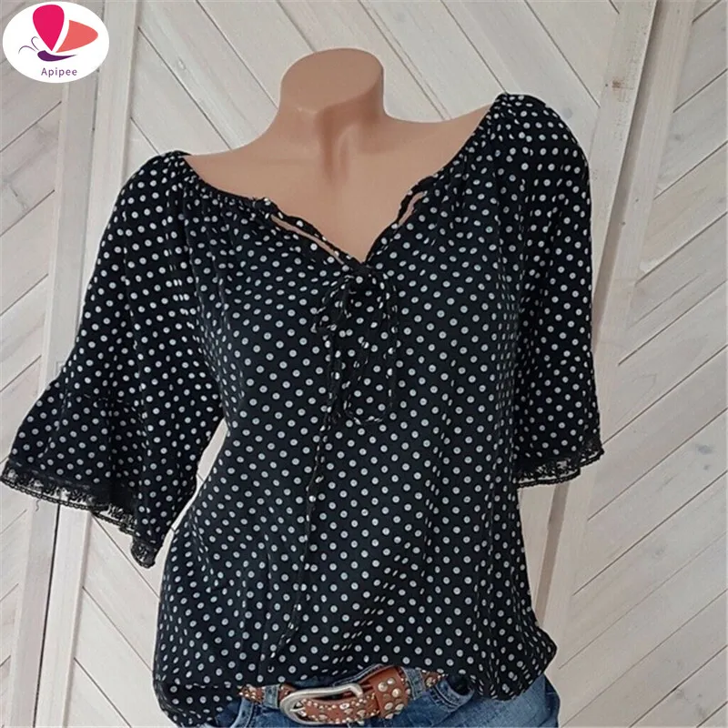 

Блузка женская шифоновая в горошек, с V-образным вырезом и коротким рукавом