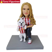 football game fans girl with her dog mini statue little people real face doll figurine miniature home accent decor sculpted figu