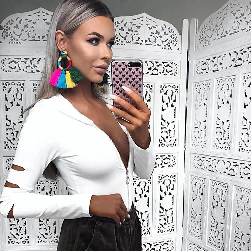 

women's sexy V Neck Knitted Bodysuit Hooded zipper one-piece Bodysuits body y2k bottoming top slim Long Sleeve Rompers Jumpsuit