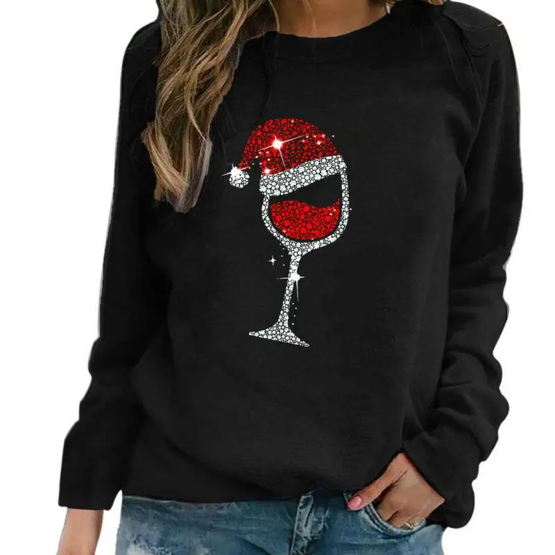 

New Christmas T Shirt Womens Long Sleeve Top O Neck Wine Glasses Printed Top Casual Pullover Tops Female T Shirt Tops Spring