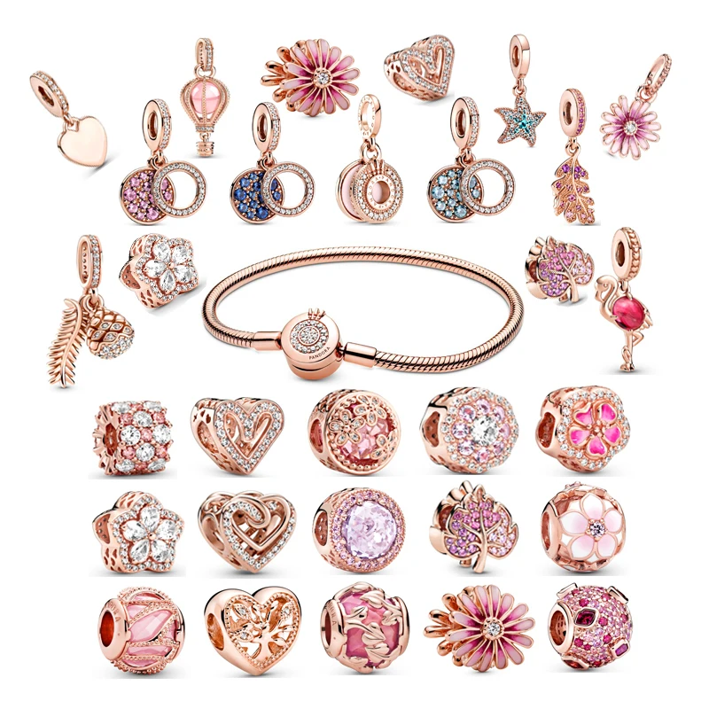 

Hot Sale Jewelry For Women Rose gold Flowers Love 925 Sterling Silver Bracelets Beadeds Luxury Jewellry DIY Charms Fit Original