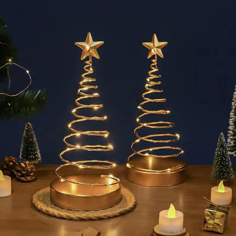

Металлическая спиральная фотография рождественской елки, украшение с светильник кой и верхней звездой дерева для украшения гостиной