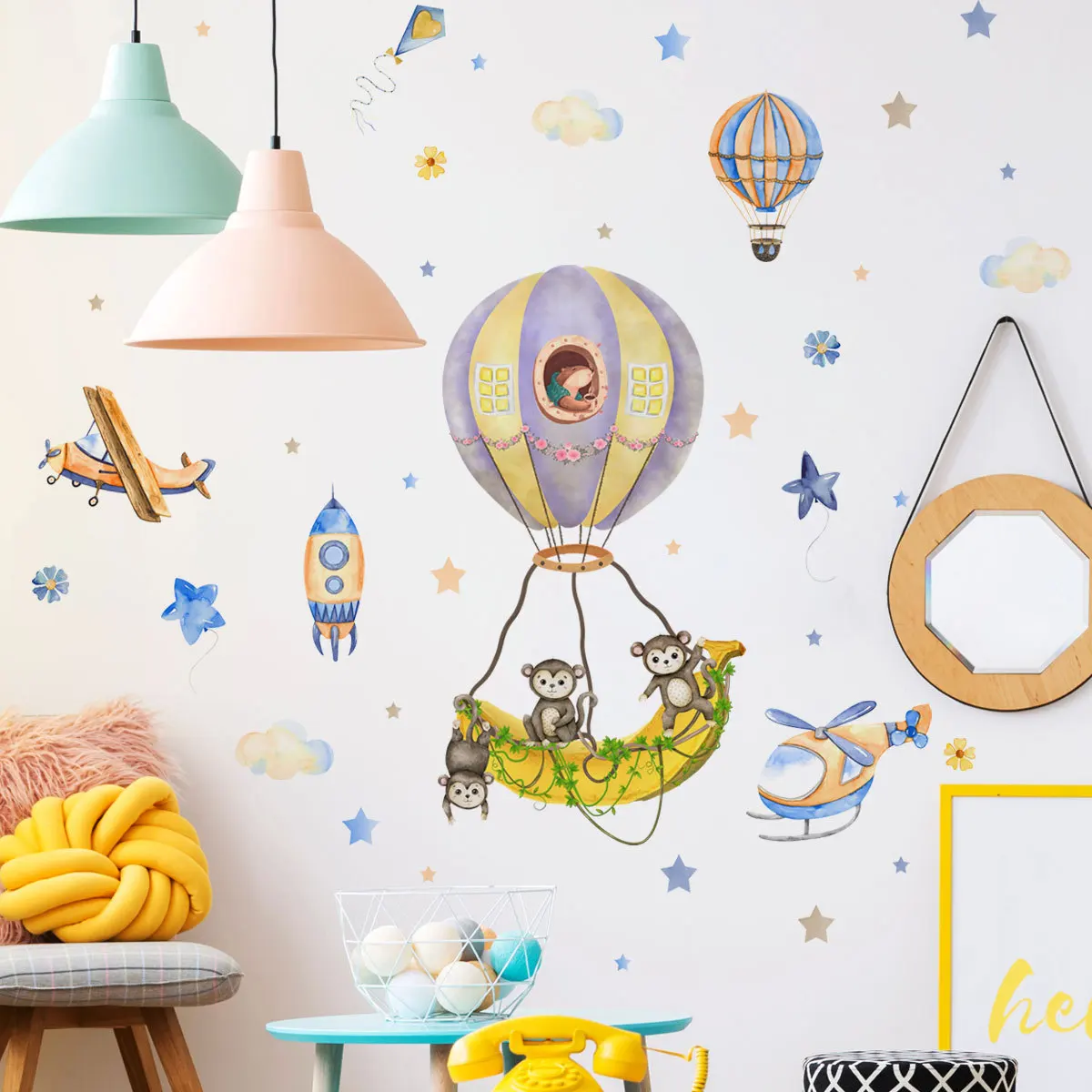 

Hot air balloon monkey cartoon wall stickers bedroom living room background wall children's room decoration wall stickers