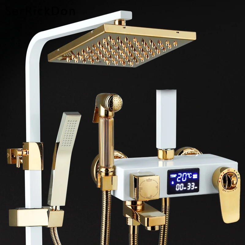 Черный настенный термостатический смеситель для душа набор дождевой ванна