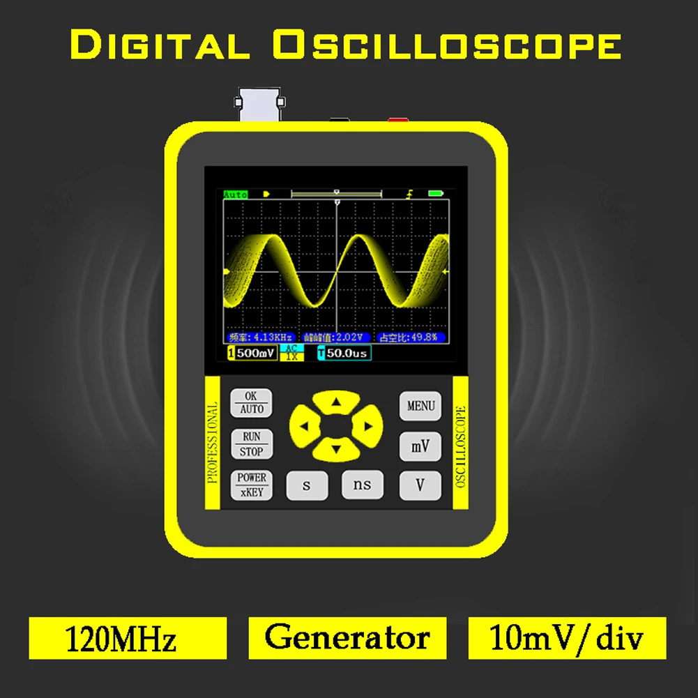 

DSO1511G Digital Oscilloscope with 2.4 In Color Screen 120M Bandwidth 500M Sampling Rate for Maintenance and DIY Electronic Test