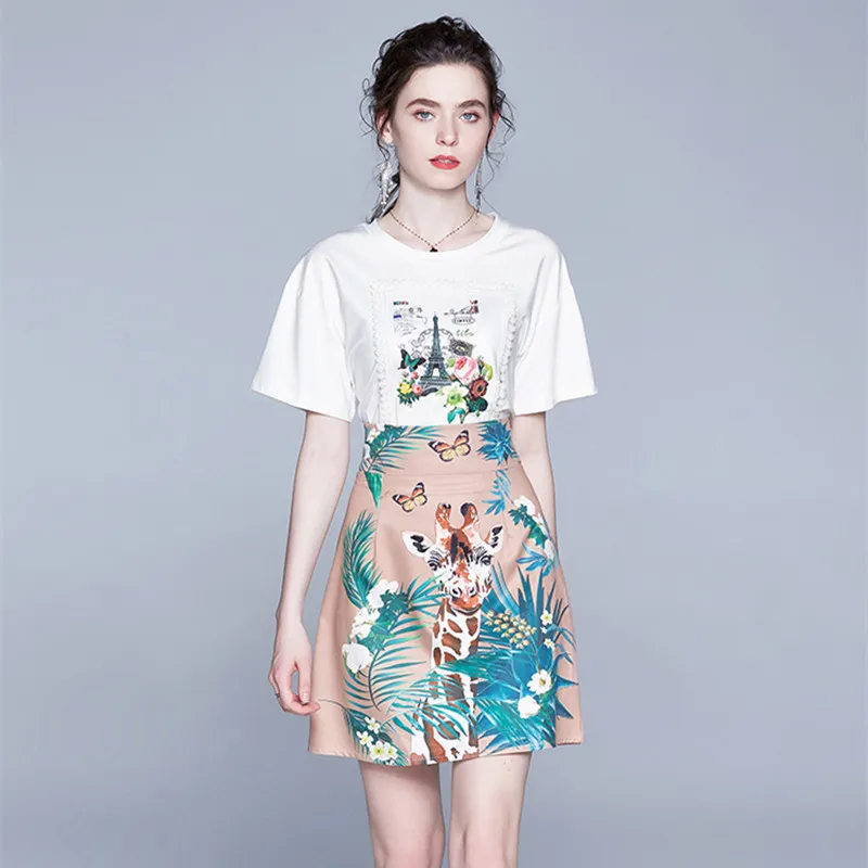 

2022 Summer Fashion Runway Designer Skirt Suit Women's Short Sleeve Top and Animal Floral Print MIni Skirts 2 Two Pieces Set