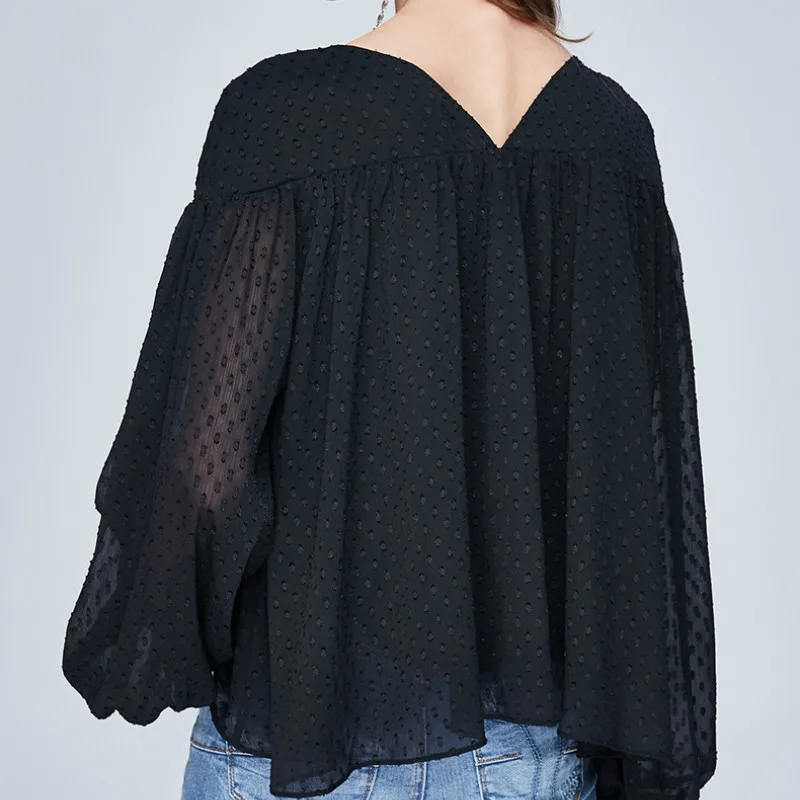 

Women's Sexy Blouses Black Polka Dot V-Neck Bow Lantern Sleeves Women Shirts Office Lady Fashion Clothes Autumn Spring