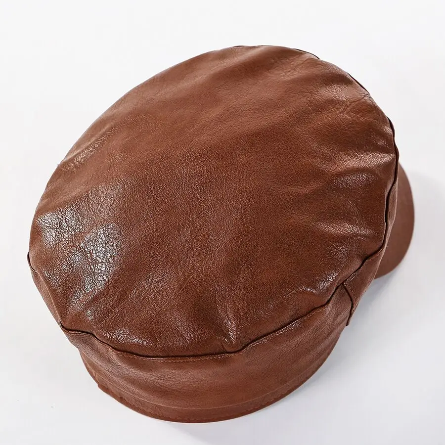 Women Fashion Leather Military Hats Winter Vintage Black Leather Snapback Caps Female Newsboy Hat Casequette Beret Caps