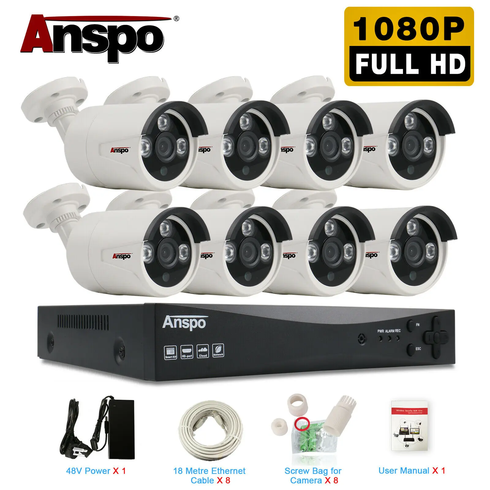 Anspo H.265 8CH 5.0MP HDMI POE NVR комплект видеонаблюдения Системы 2.0MP ИК Открытый аудио записи