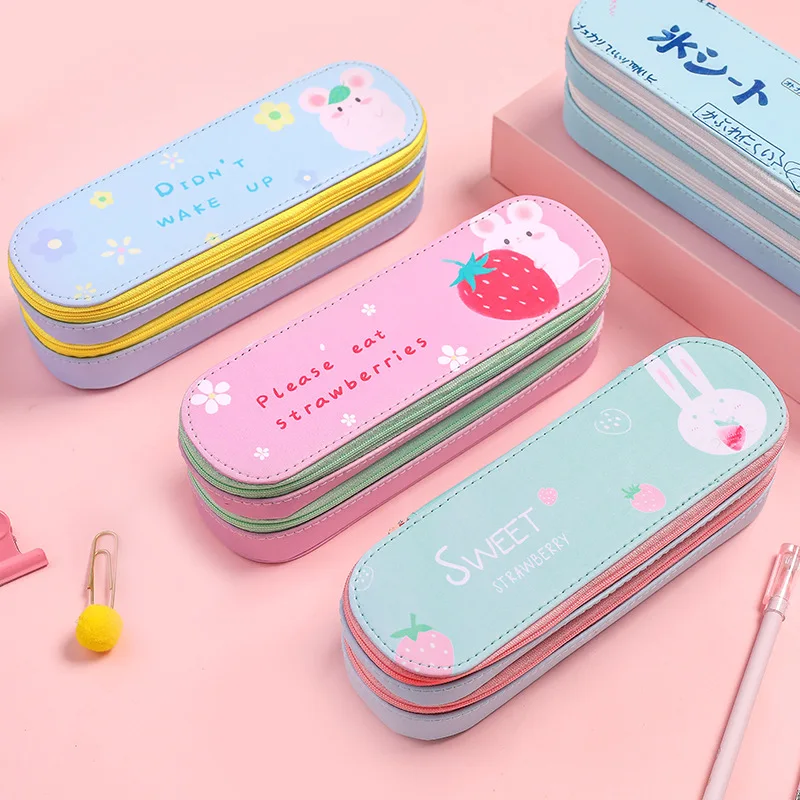 Kawaii мультяшный портативный двухслойный PU пенал большая емкость косметичка для