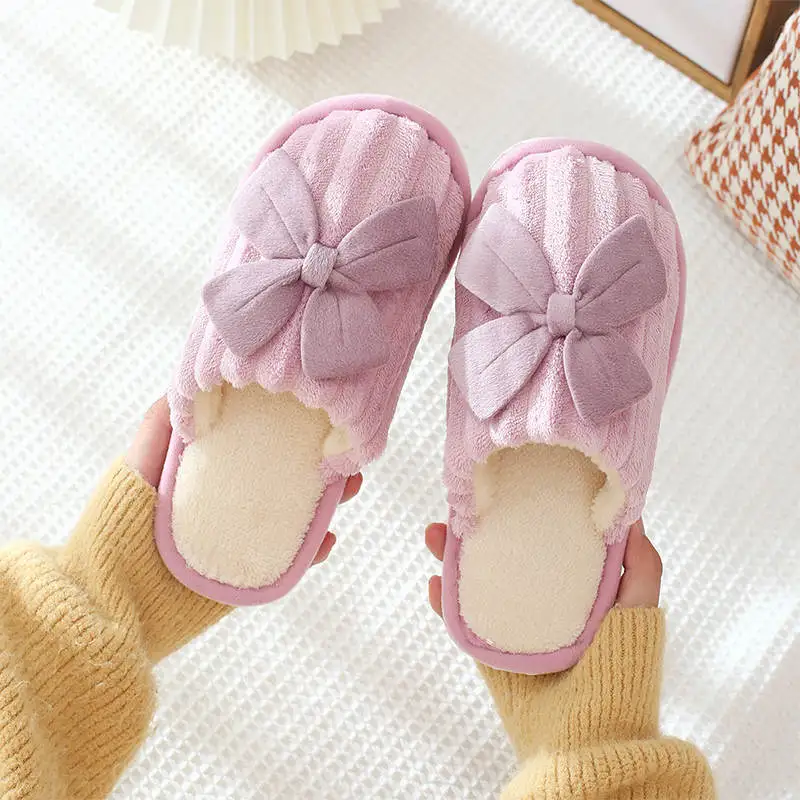 

2021 Autumn Winter Cotton Slippers for Women Cute Bow Soft Warm House Slippers Non-slip Indoor Home Lovers Shoes Plush Slippers