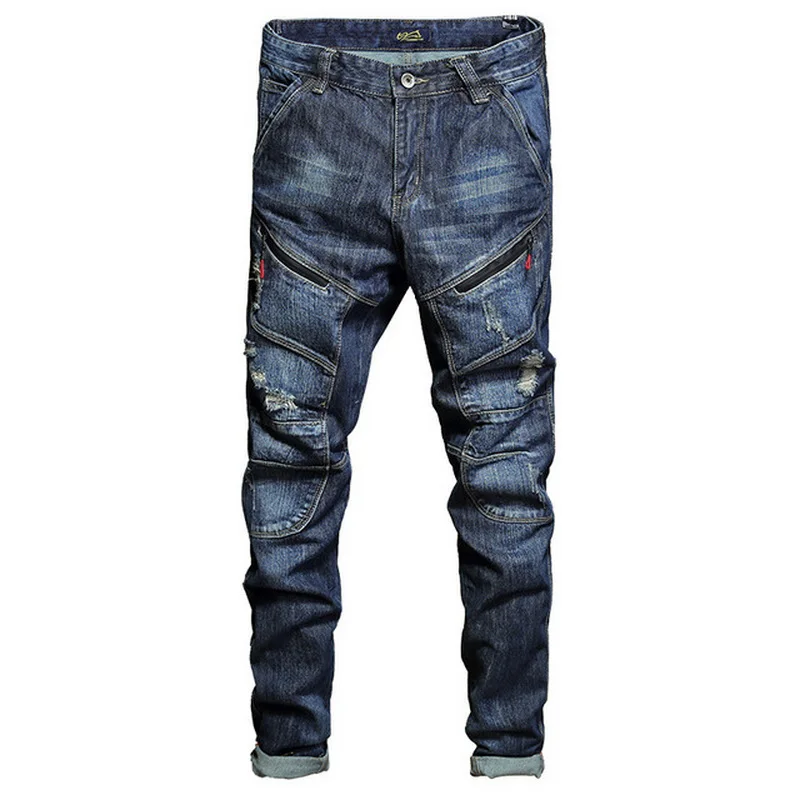 Men Jeans Straight Slim Trendy Personality Stitching Diagonal Pockets  Baggy Denim Pants