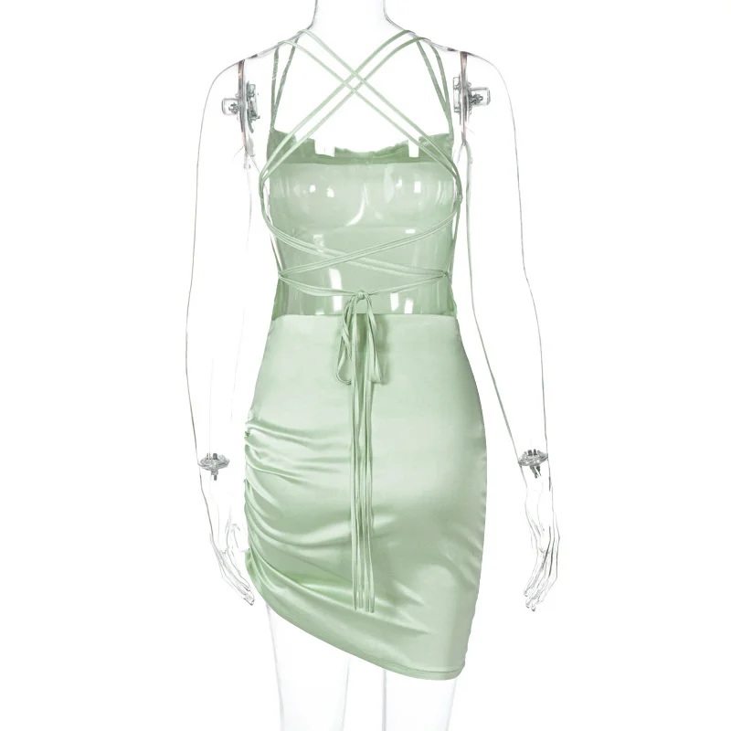 

Sexy Backless Dress Spaghetti Strap Ruched Tie up Hollow out Party Dresses for Women Mini Robe Beach Holiday Clubwear