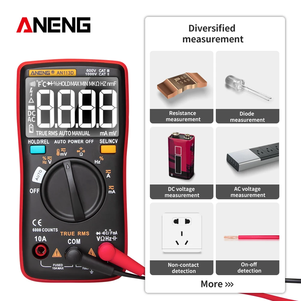 AN113D Digital Multimeter 6000 Counts Electrical Transistor Tester Temperature Auto Ranging AC/DC Voltage Meter for Electrician