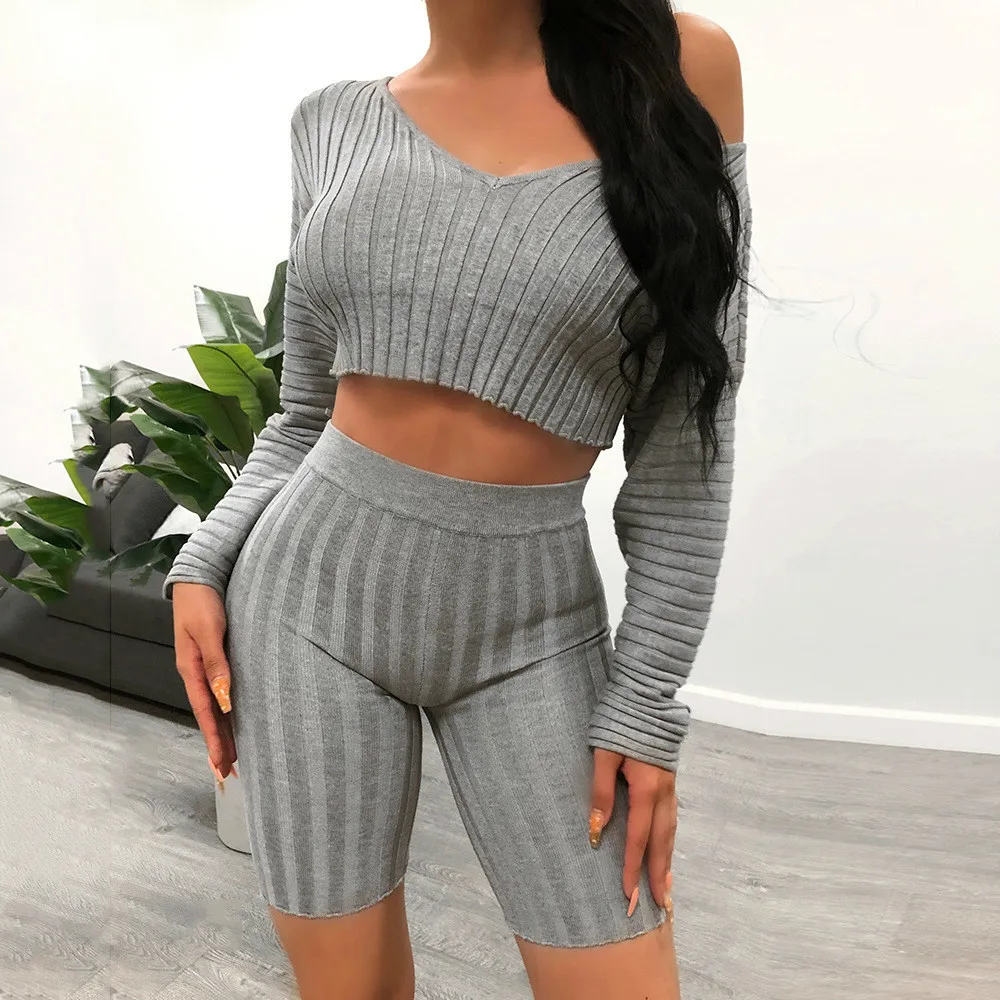 

Two Piece Knit Set Women Sexy Club Outfits 2019 Autumn Long Sleeve V Neck Crop Top And Bikers Shorts Party Matching Sets