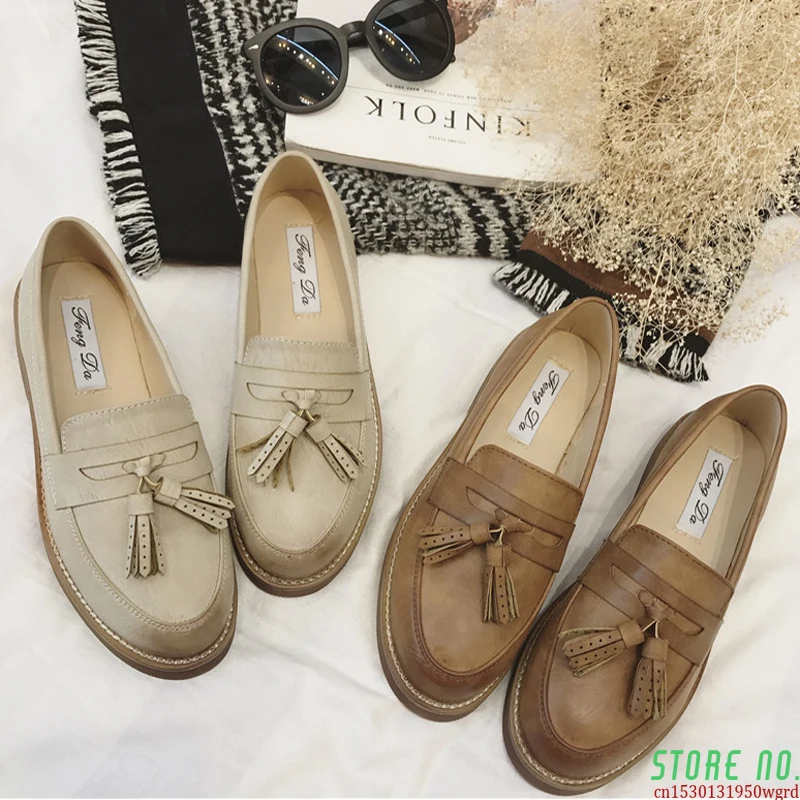 

Fringe Leather Flats Women Preppy Oxford Shoes Casual Slip On Derby Loafers College Students Moccasins Ladies Tassel Espadrilles