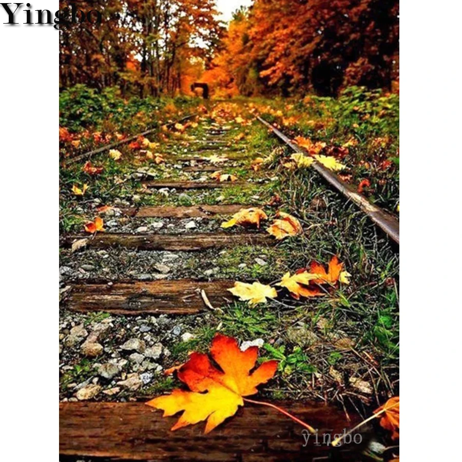 Алмазная картина сделай сам осенняя с рисунком железнодорожного пути пейзажа 5D
