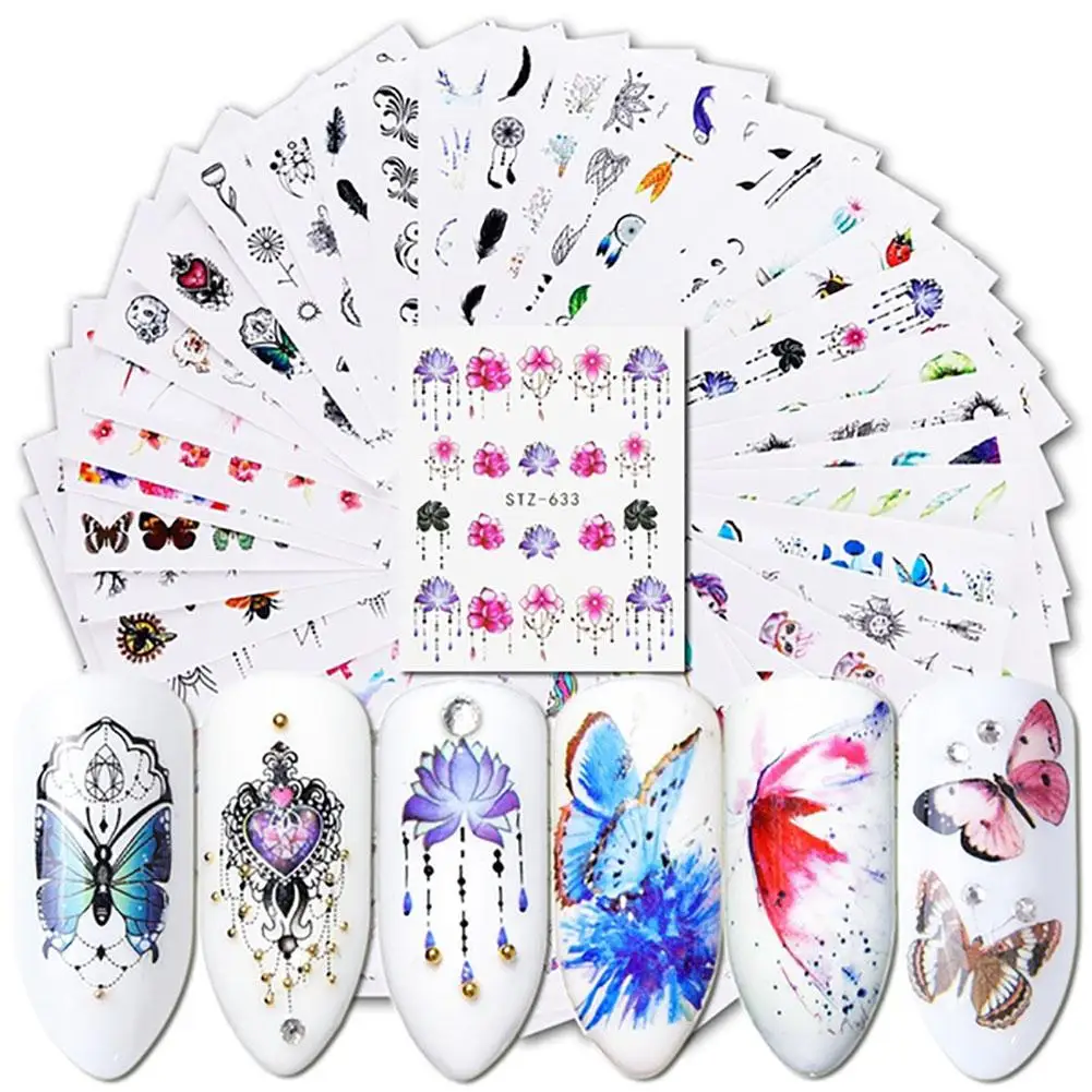 

40Set Watermark Slider Nail Stickers Decal Water Transfer Tattoo Flower Butterfly Decoration Manicure Adhesive Tip Random