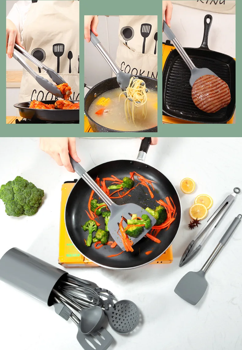 

Silicone Kitchen Utensils Set Cooking Heat Resistant Non-stick Silicone Utensil Set with Stainless Steel Handle BPA-Free