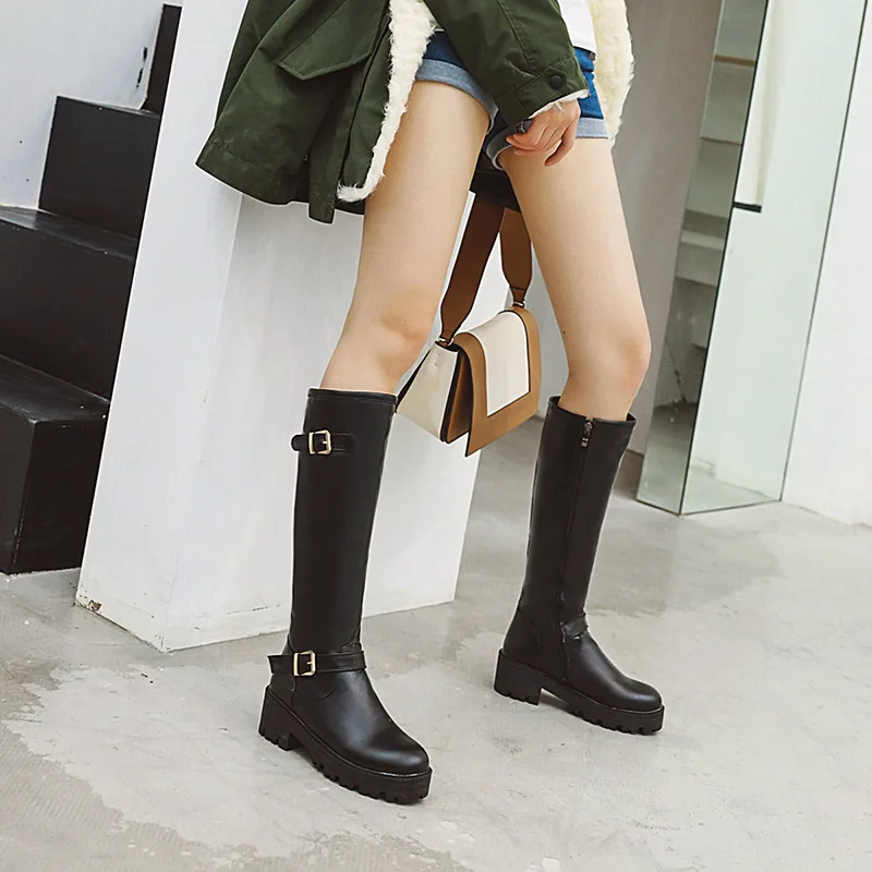 JK Motorcycle Boots Women Platform Knee High Boot Ladies Round Toe Shoes Female Thick Heels Winter 2020 Big Size 46 | Обувь