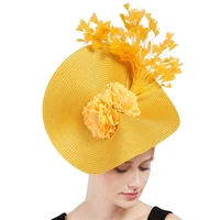 yellow cocktail straw hat disc fascinator millinery sinamay feather vintage tea party hat artificial flower decoration headwear