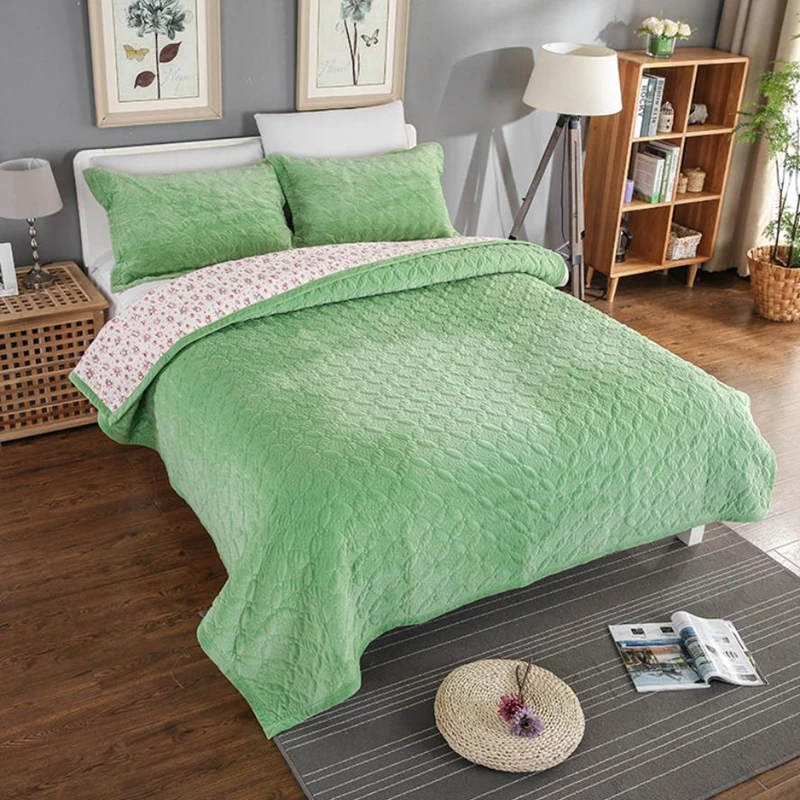 1 шт. покрывало на кровать + 2 наволочки Фланелевое уплотненное зеленый голубой