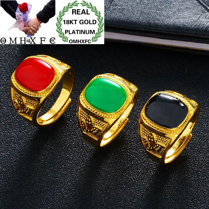 

OMHXFC Wholesale European Fashion Male Party Birthday Wedding Gift Green Red Oval Oil Drip Resizable 18KT Real Gold Ring RI89