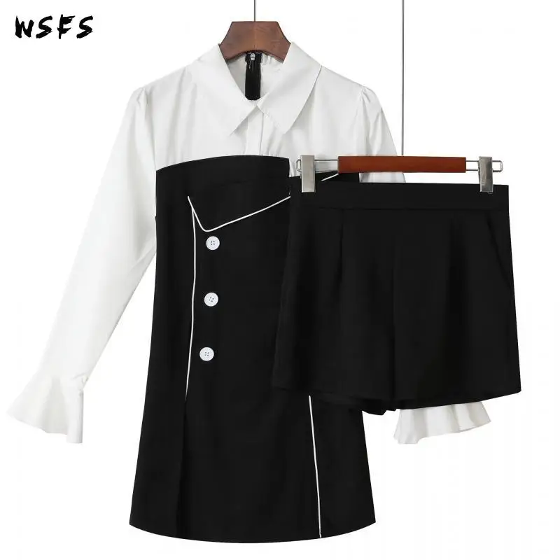 

2 Piece Set Spring Dresses Black Shirt Tops Womens Dress Plus Size Elegant Bodycon Bandage Shorts Sexy Party Korean Club Clothes