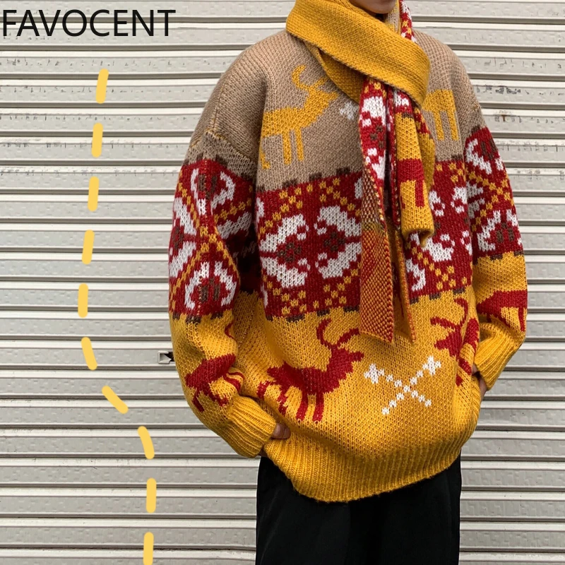 Мужской толстый свободный свитер в этническом стиле с мультяшным принтом модный