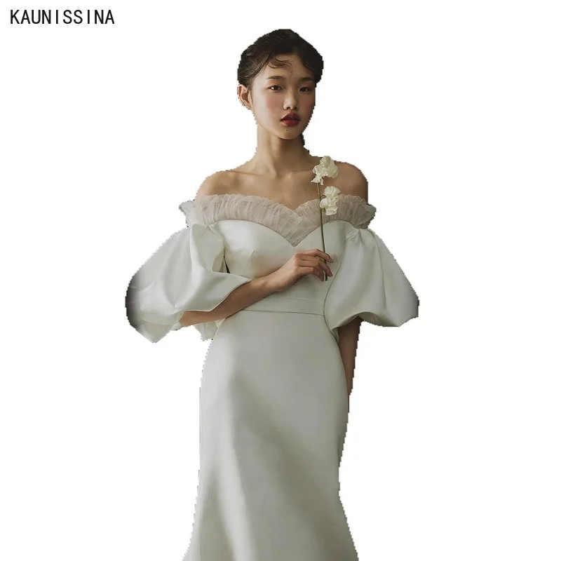 

KAUNISSINA Elegant Satin Wedding Dresses Lantern Sleeve Boho Off the Shoulder Sweep Train Mermaid Bridal Gowns Vestido de Novia
