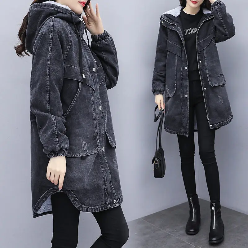 Женское пальто джинсовая парка с подкладкой новая зимняя одежда Женская Толстая