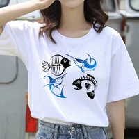 women t shirt short sleeve summer oversize casual fish bone print white tees o neck korean fashion cute girls female clothing