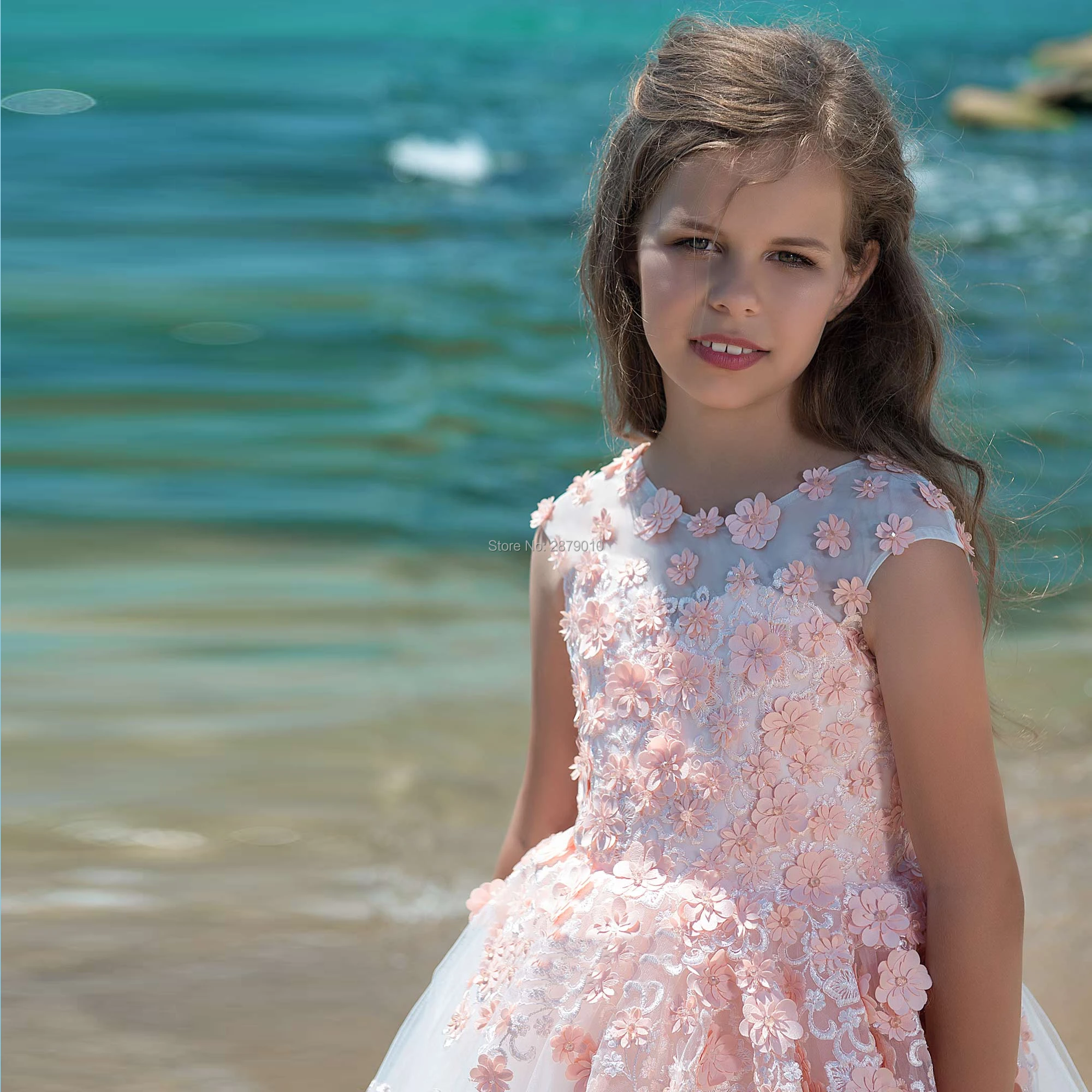 

Pink Flower Girl Dresses Sleeveless Appliques Tulle Beaded Pageant Dress For Girls Formal Princess Clothes Occasion Zipper