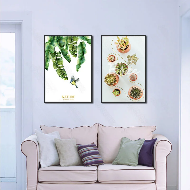 

Modern authored green leaves painted white-bottomed canvas and print wall decoration living room furniture