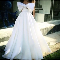 free shipping two piece custom made white ivory new satin long evening dress with big bow white prom dresses ball gown pageant