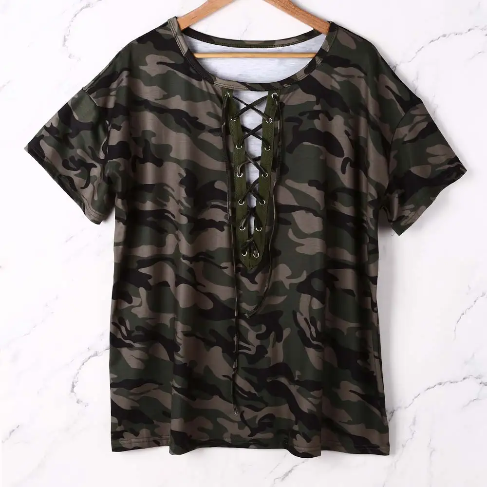 Женская камуфляжная футболка с коротким рукавом кружевной топ вырезом и