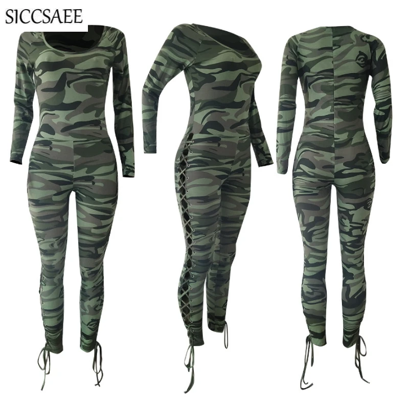 

Camouflage Printed Bandage Jumpsuits For Women 2019 Fall Side Ribbons Lace Up Eyelet Bodycon Bodysuit Sexy Leotard Mono Mujer