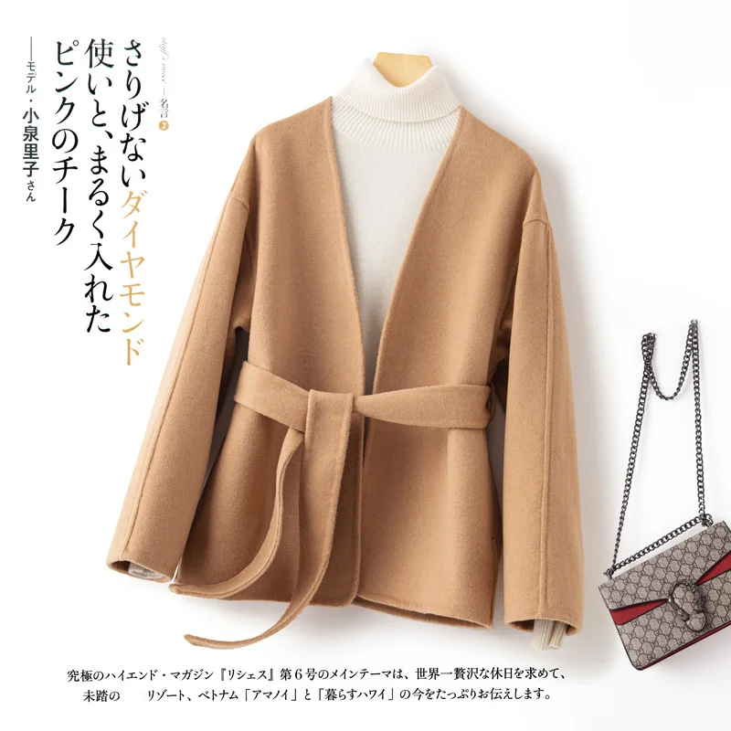 

Двустороннее кашемировое шерстяное пальто для женщин, новинка зимы 2022, свободные плотные шерстяные пальто средней длины в Корейском стиле, ...