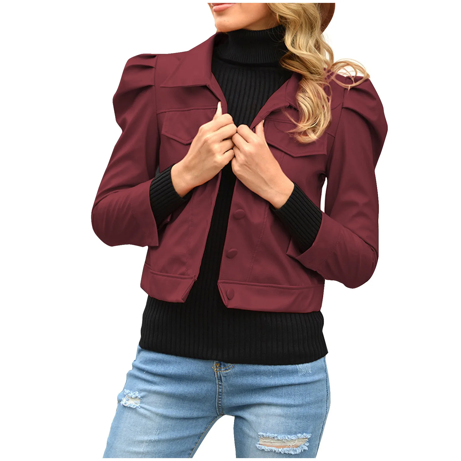 

2020 Women Fashion casual leather jacket Seven-quarter sleeve Bubble shoulder Outerwear Elegant Ladies Chic Coat Cropped Tops