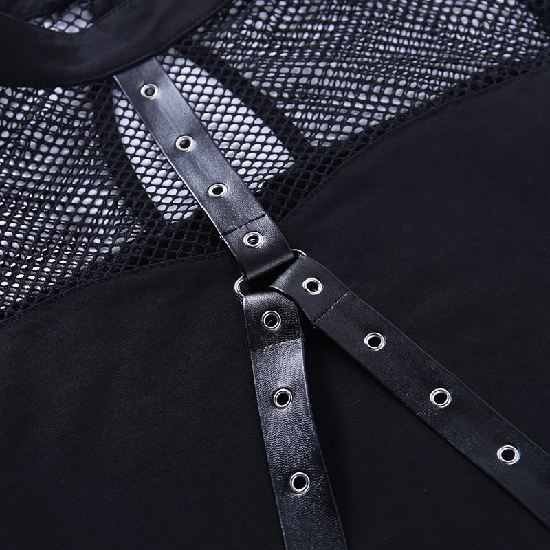 

Women's Blouses Punk Gothic Belt Blouse Harajuku Streetwear Sexy Hollow Out Vintage Mesh Long Sleeve Top Woman Clothing
