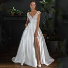 Женское атласное свадебное платье, с V-образным вырезом, рукавами-крылышками, бисером, аппликацией и цветами, с разрезом сбоку, с открытой спиной