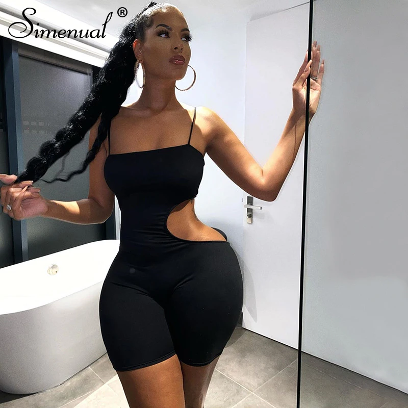 

Simenual Cut Out Strap Sporty Biker Shorts Rompers For Women Skinny Fashion 2021 Active Wear Black Solid Bodycon Playsuits