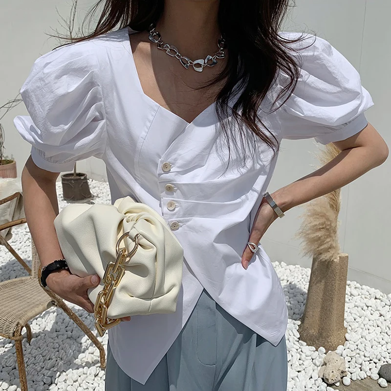 

2021 summer vintage puff sleeve blouse women v-neck elegant top shirt