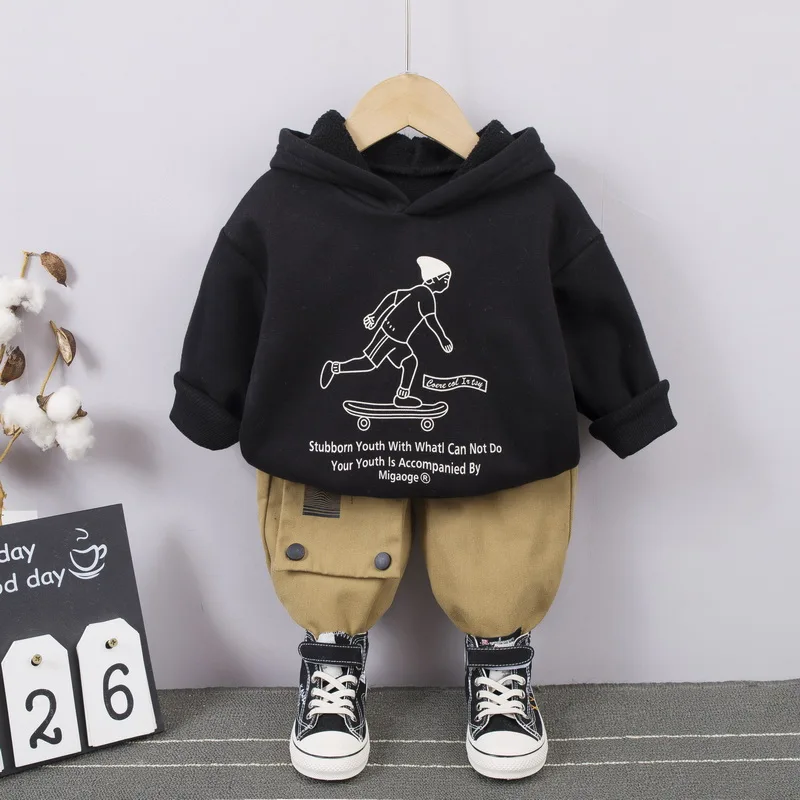 0-5Years Autumn Winter warm Toddlers Outfit Clothes Set Baby Boys Soft Velvet Hooded Top Trousers Girls clothing suits 2Pcs sets