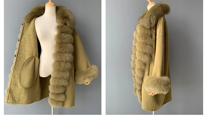 MAOMAOFUR кашемировое шерстяное пальто для женщин, длинный стиль, длинные рукава, воротник из натурального Лисьего меха, Полоска, пиджак с манжетами, Женское шерстяное пальто