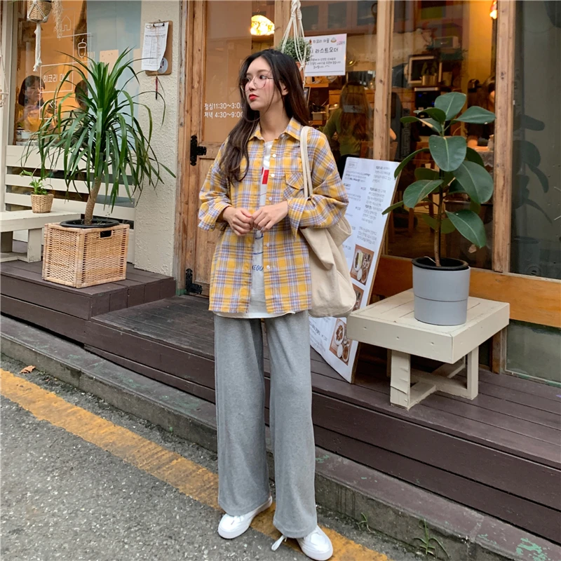

Pink Blouse Women Clothes Casual Plaid Long Sleeve Shirts Korean Fashion Women's Shirt Baggy Yellow Top Female Button Vintage